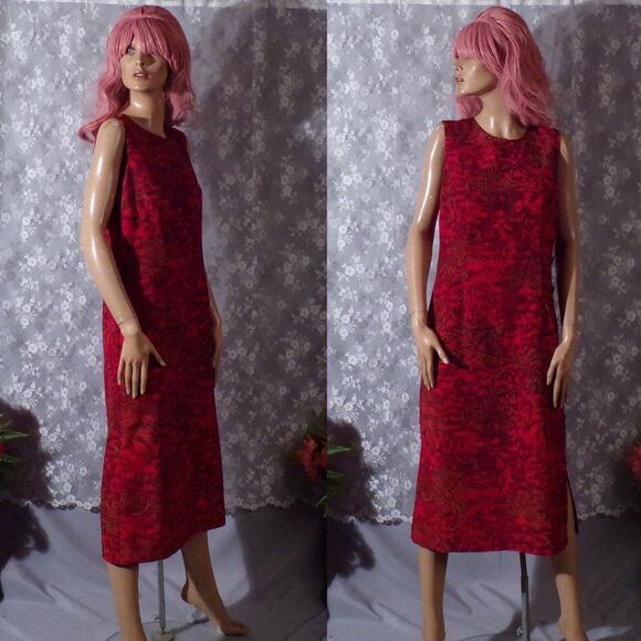 Vintage 60s Dress 1960s Red Tropical Maxi Shift Vacation Retro Pinup Size Medium - Picture 1 of 6